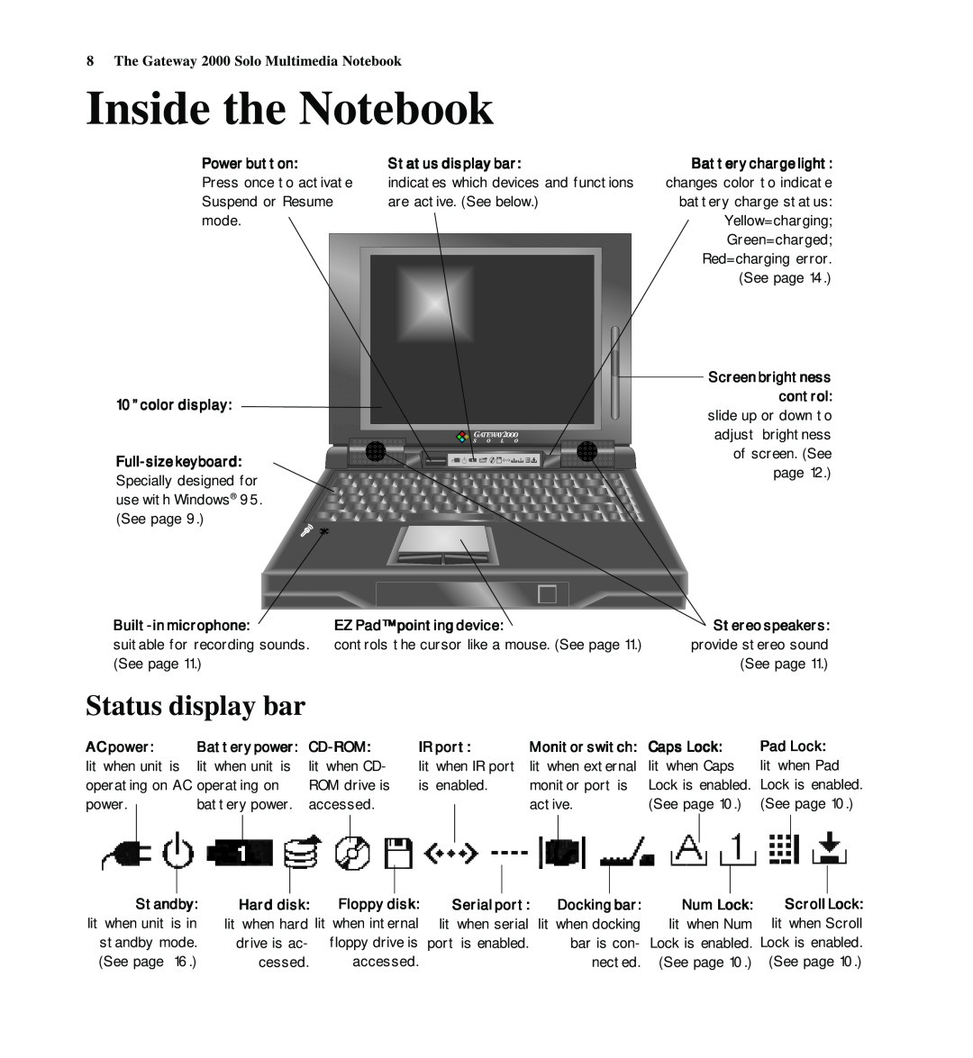 Gateway SYSMAN017AAUS manual Inside the Notebook, Status display bar 