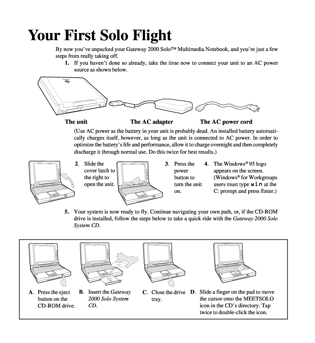 Gateway SYSMAN017AAUS manual Your First Solo Flight, The unit, The AC adapter, The AC power cord, Solo System 