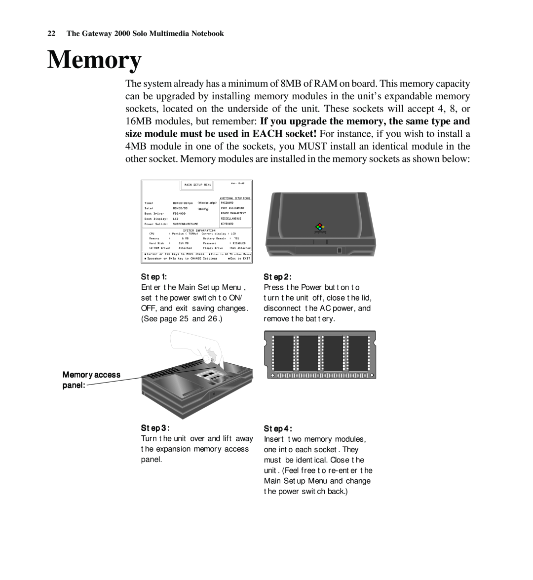 Gateway SYSMAN017AAUS manual Memory, Turn the unit over and lift away the expansion memory access panel 