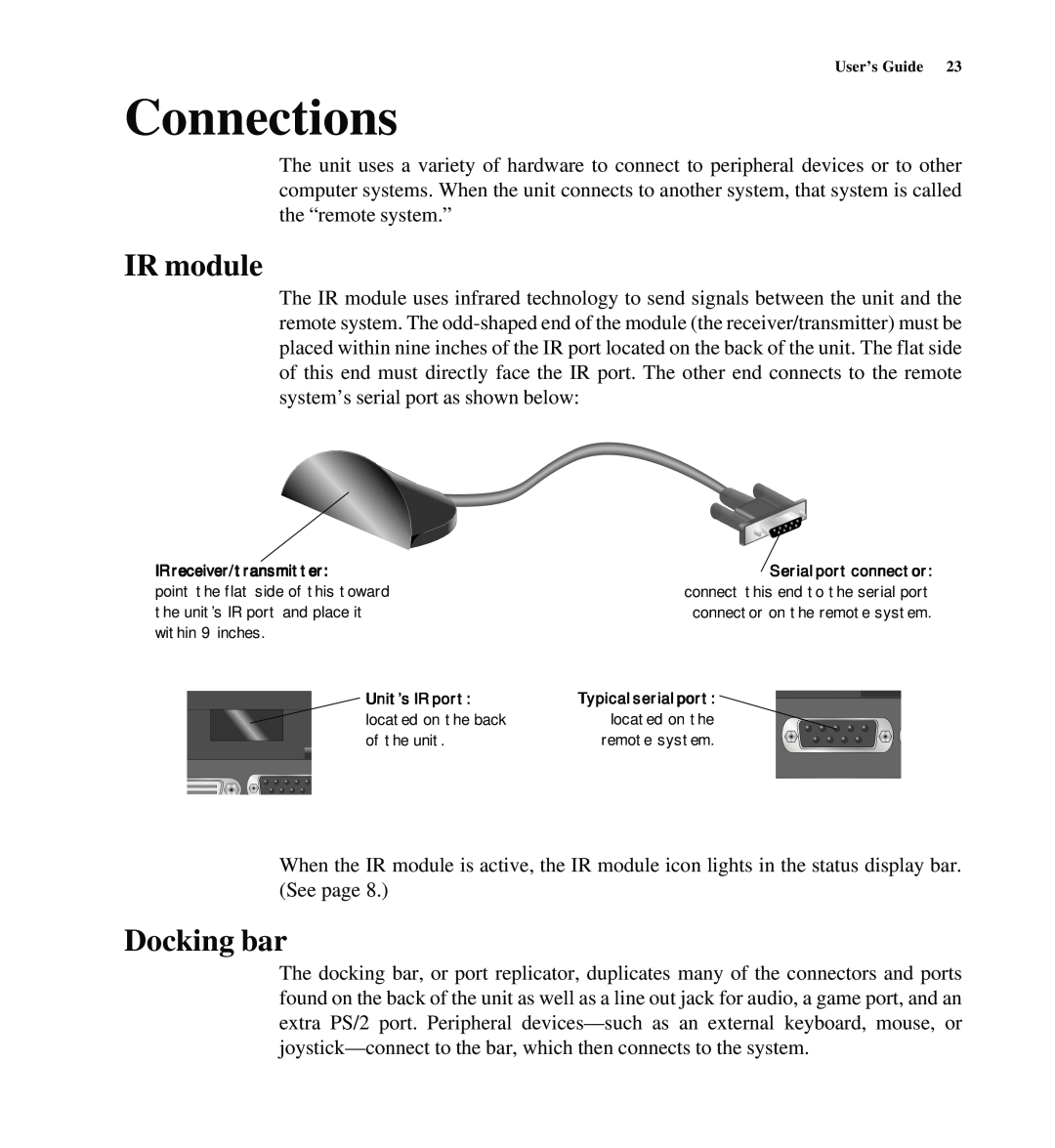 Gateway SYSMAN017AAUS manual Connections, IR module, Docking bar 