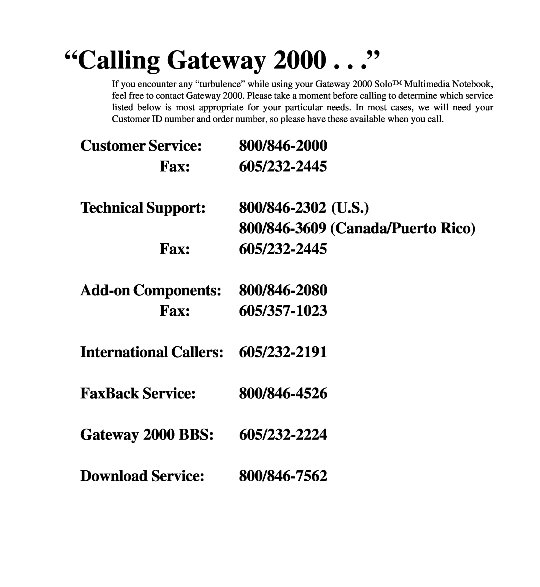 Gateway SYSMAN017AAUS manual “Calling Gateway 2000 . . .”, 800/846-3609 Canada/Puerto Rico 