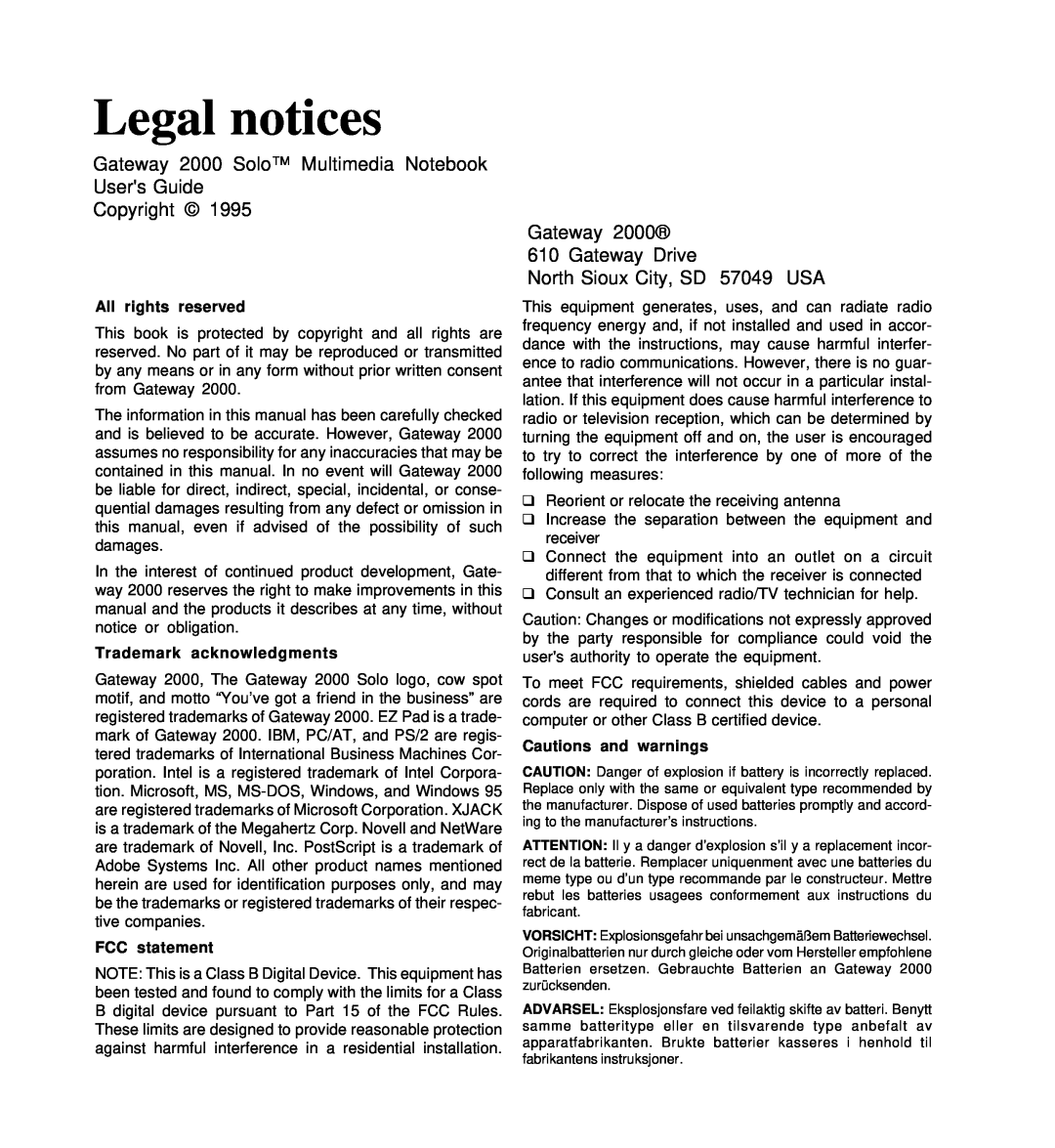 Gateway SYSMAN017AAUS Legal notices, Gateway 2000 Solo Multimedia Notebook Users Guide Copyright, All rights reserved 