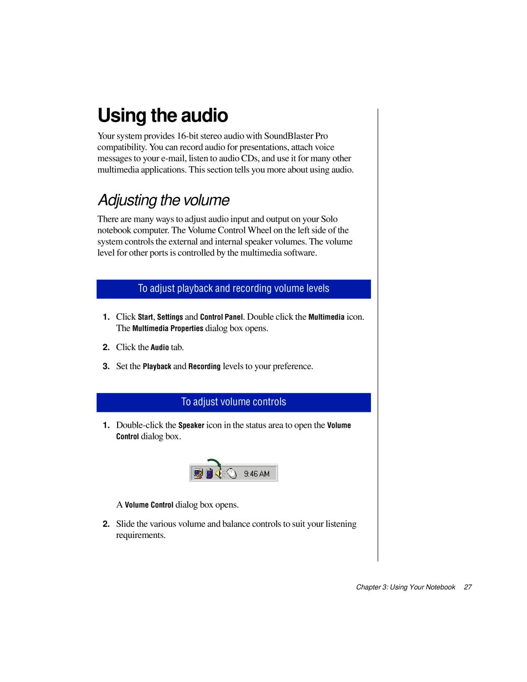 Gateway TM 5150 manual Using the audio, Adjusting the volume, To adjust playback and recording volume levels 