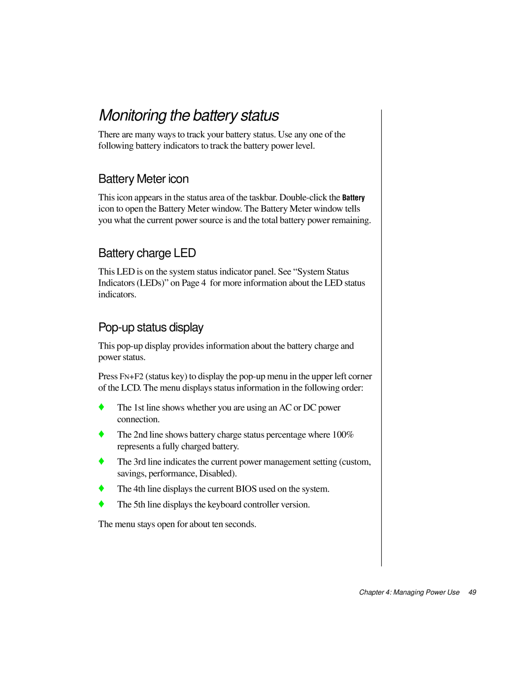 Gateway TM 5150 manual Monitoring the battery status, Battery Meter icon, Battery charge LED, Pop-up status display 