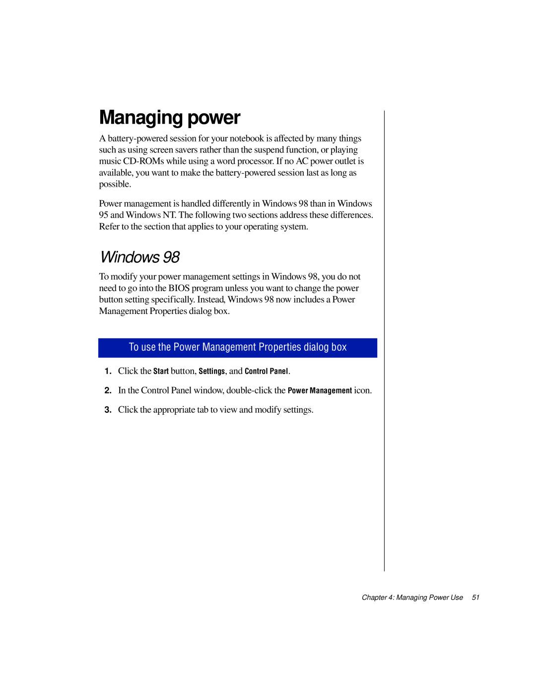 Gateway TM 5150 manual Managing power, Windows, To use the Power Management Properties dialog box 