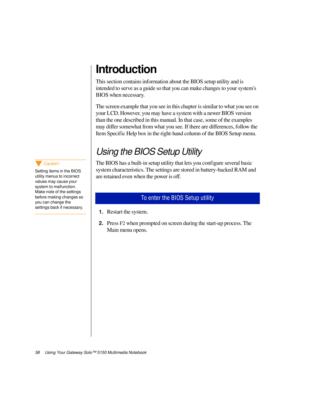 Gateway TM 5150 manual Introduction, Using the BIOS Setup Utility, To enter the BIOS Setup utility 