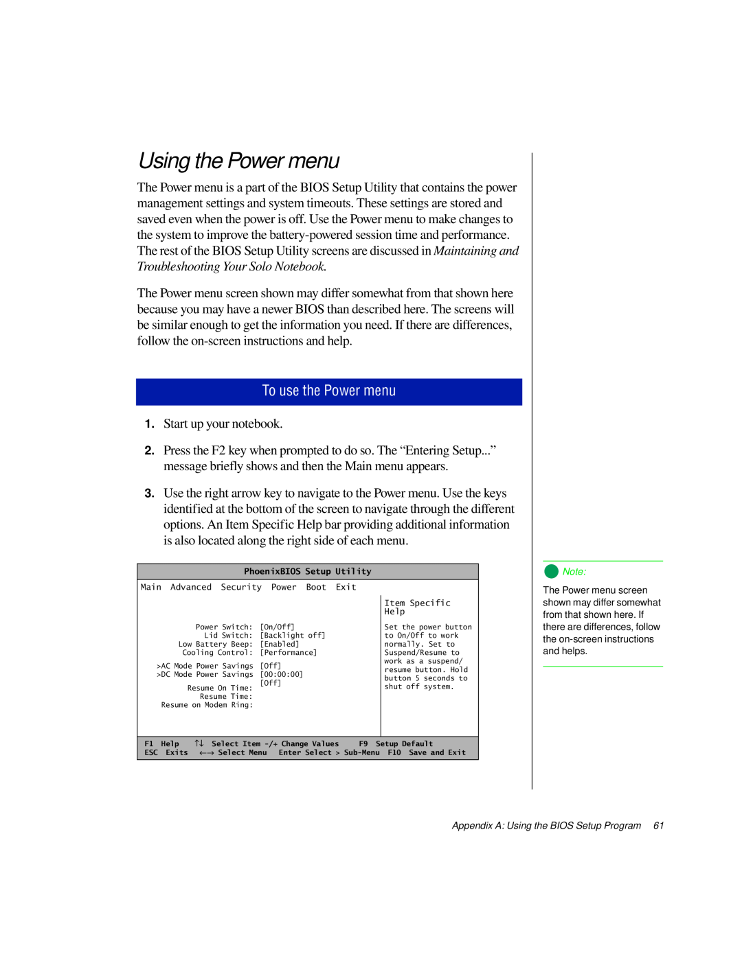 Gateway TM 5150 manual Using the Power menu, To use the Power menu 