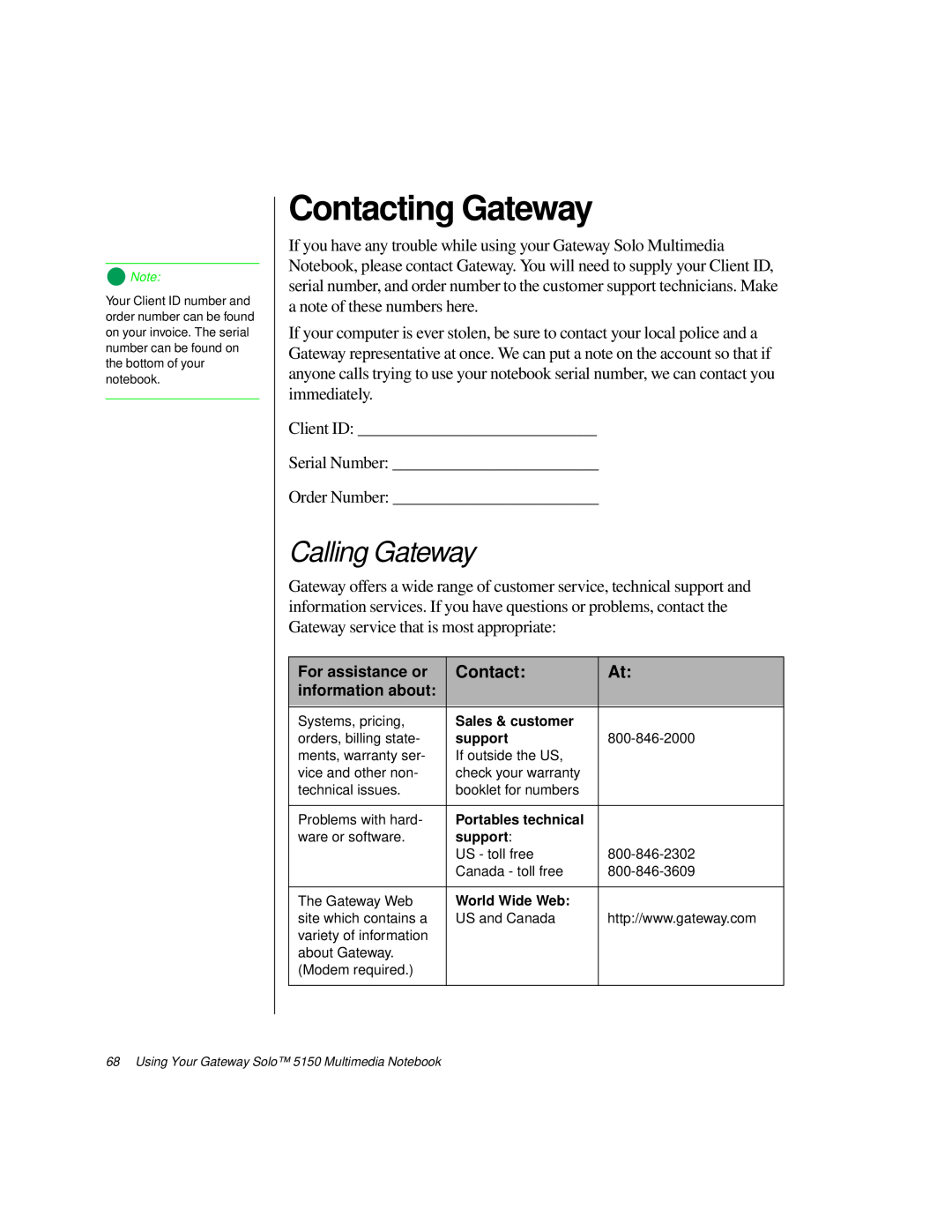 Gateway TM 5150 manual Contacting Gateway, Calling Gateway 