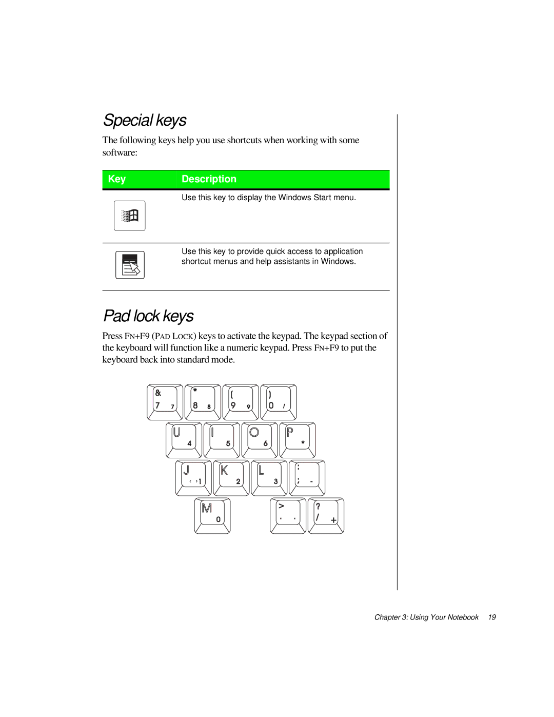 Gateway TM 5150 manual Special keys, Pad lock keys 