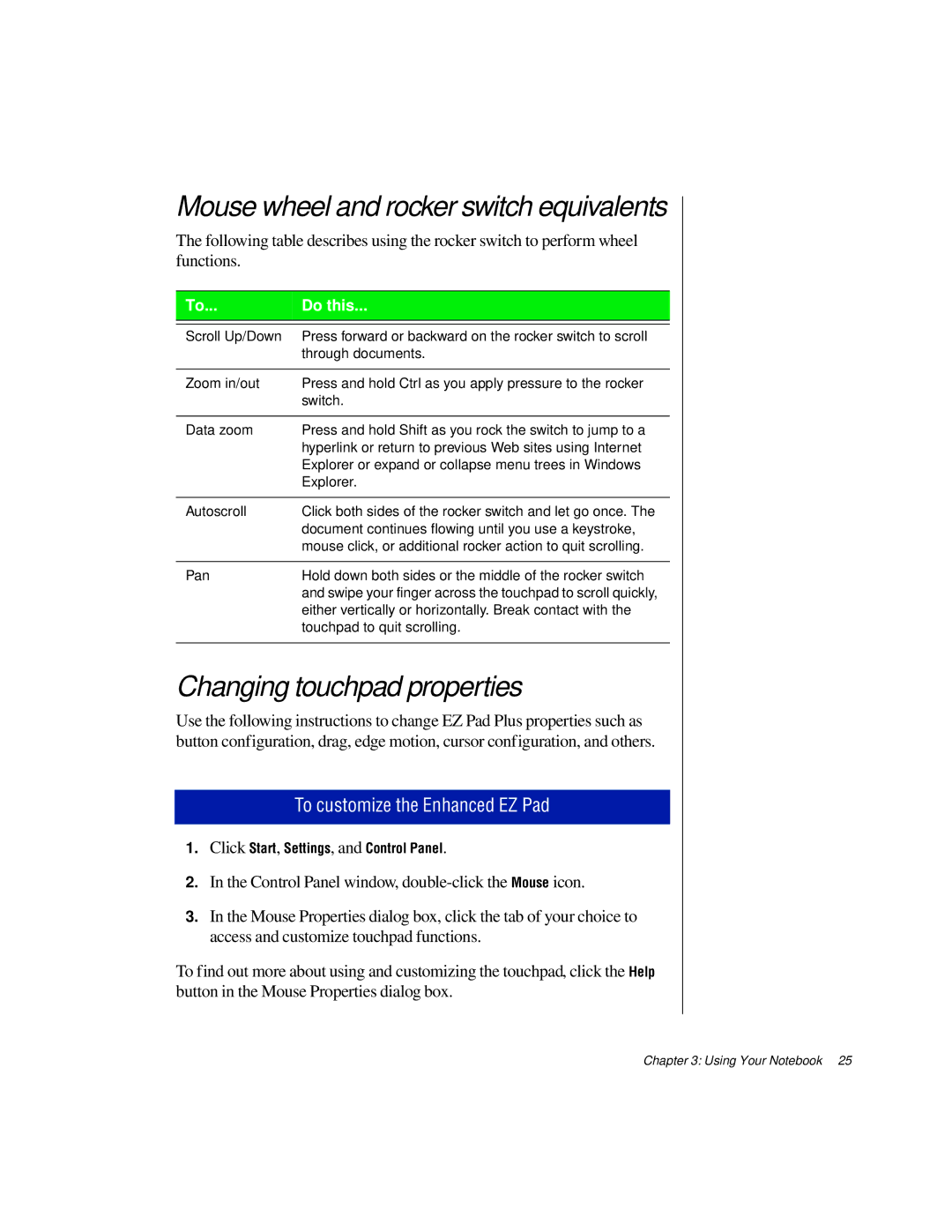 Gateway TM 5150 Mouse wheel and rocker switch equivalents, Changing touchpad properties, To customize the Enhanced EZ Pad 