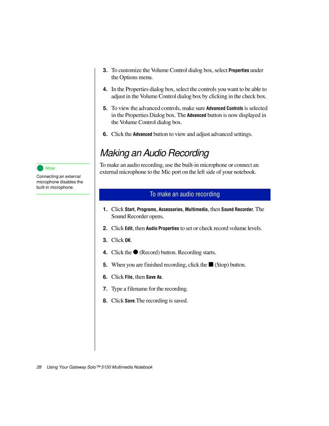 Gateway TM 5150 manual Making an Audio Recording, To make an audio recording 