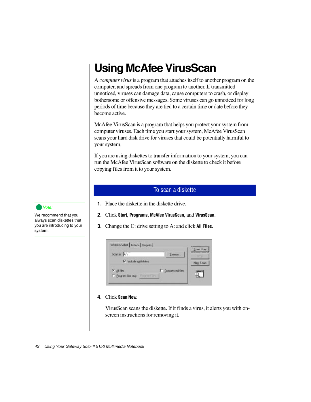 Gateway TM 5150 manual Using McAfee VirusScan, To scan a diskette 