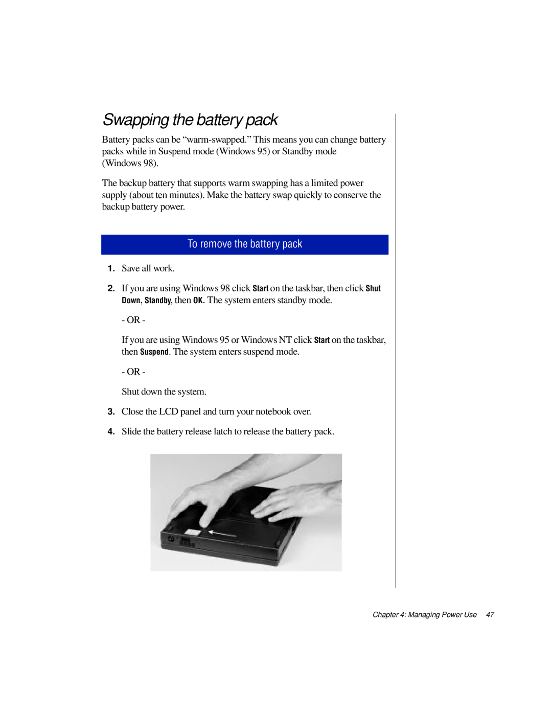 Gateway TM 5150 manual Swapping the battery pack, To remove the battery pack 