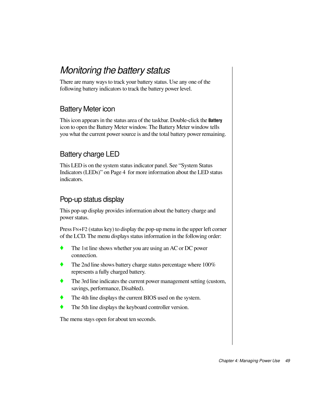 Gateway TM 5150 manual Monitoring the battery status, Battery Meter icon 