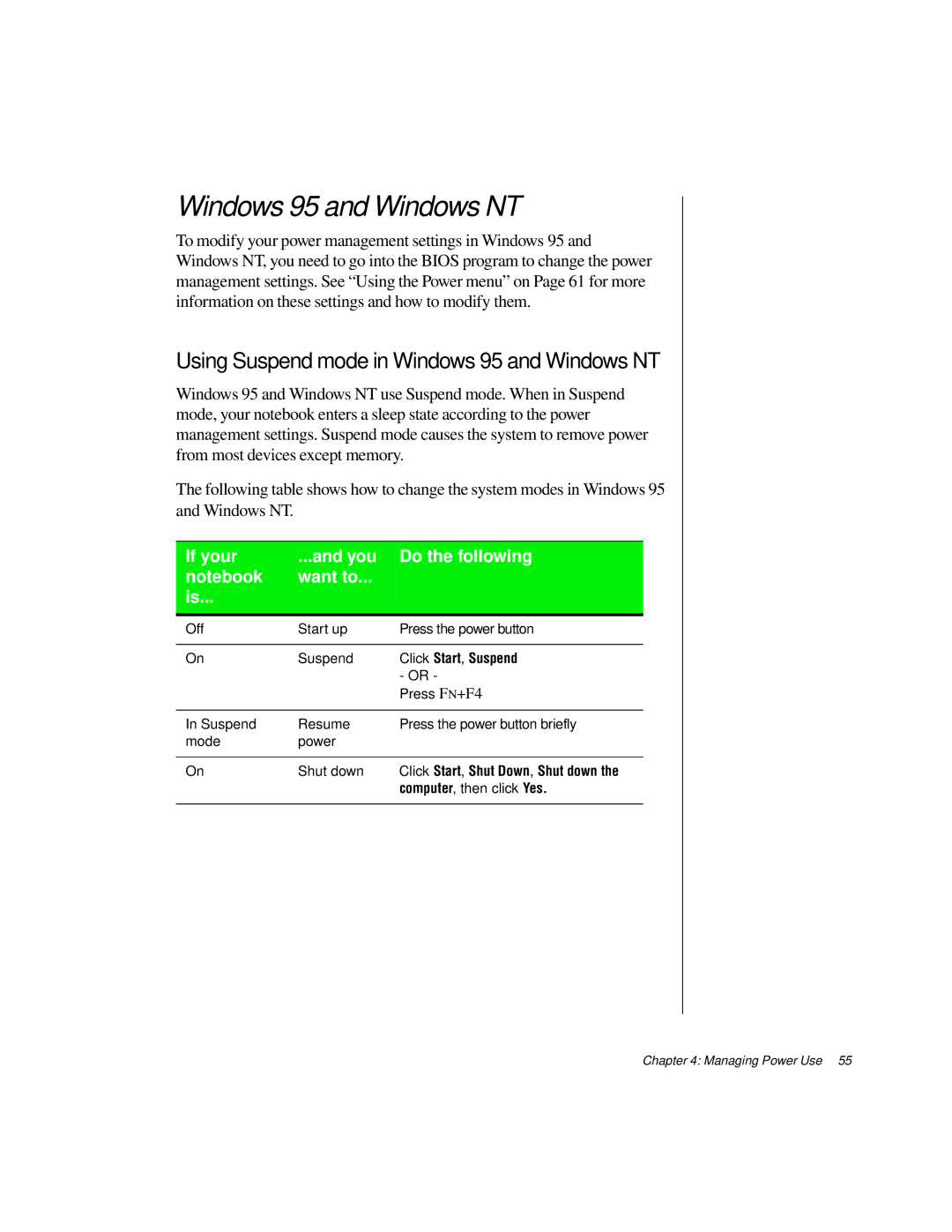 Gateway TM 5150 manual Using Suspend mode in Windows 95 and Windows NT 