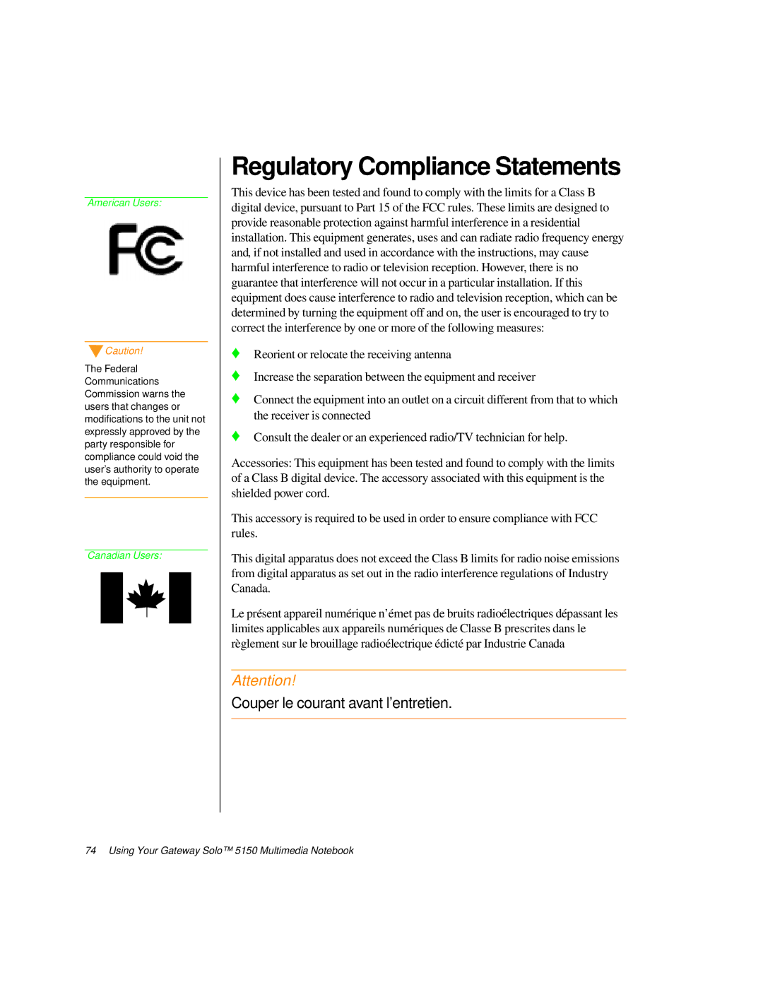 Gateway TM 5150 manual Regulatory Compliance Statements 