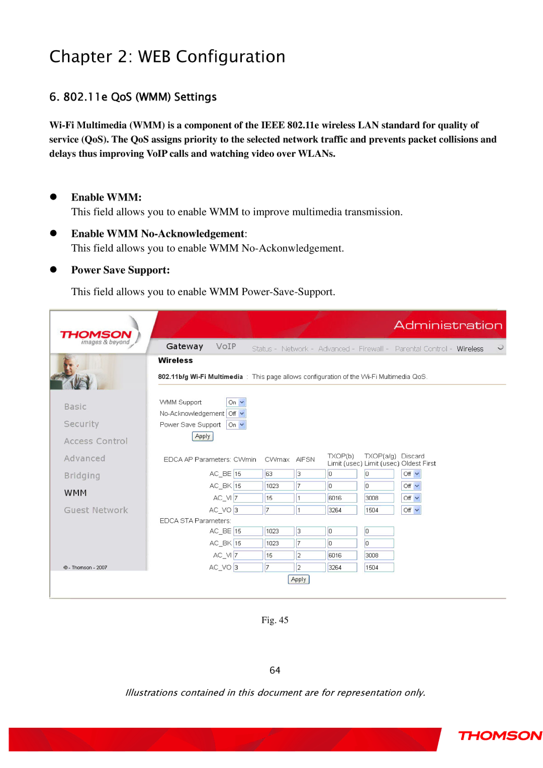 Gateway TWG870 user manual 802.11e QoS WMM Settings, Enable WMM No-Acknowledgement, Power Save Support 