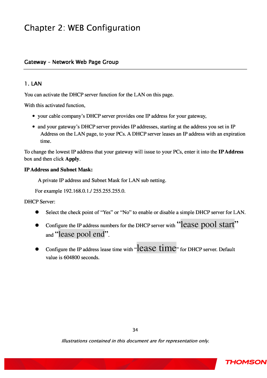 Gateway TWG870 user manual IP Address and Subnet Mask, WEB Configuration, and “lease pool end” 