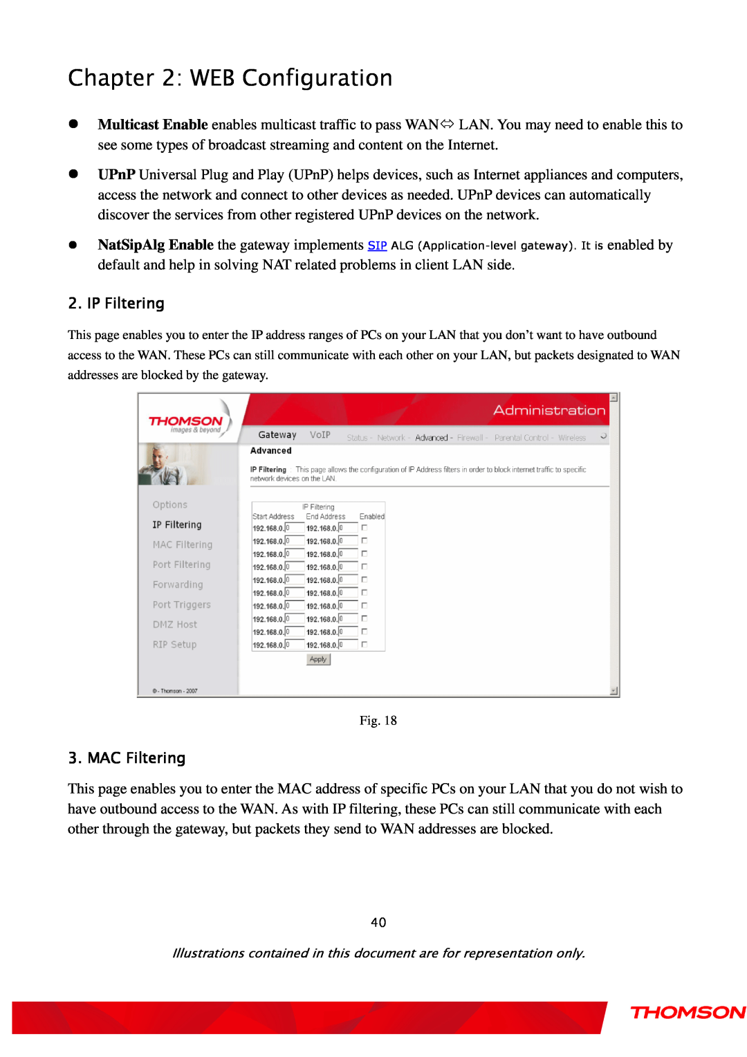 Gateway TWG870 user manual WEB Configuration, IP Filtering, MAC Filtering, Fig 