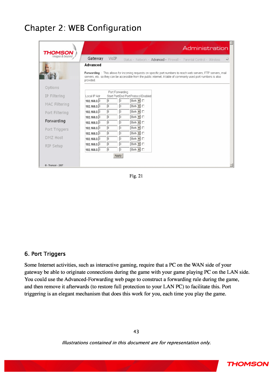 Gateway TWG870 user manual WEB Configuration, Port Triggers 
