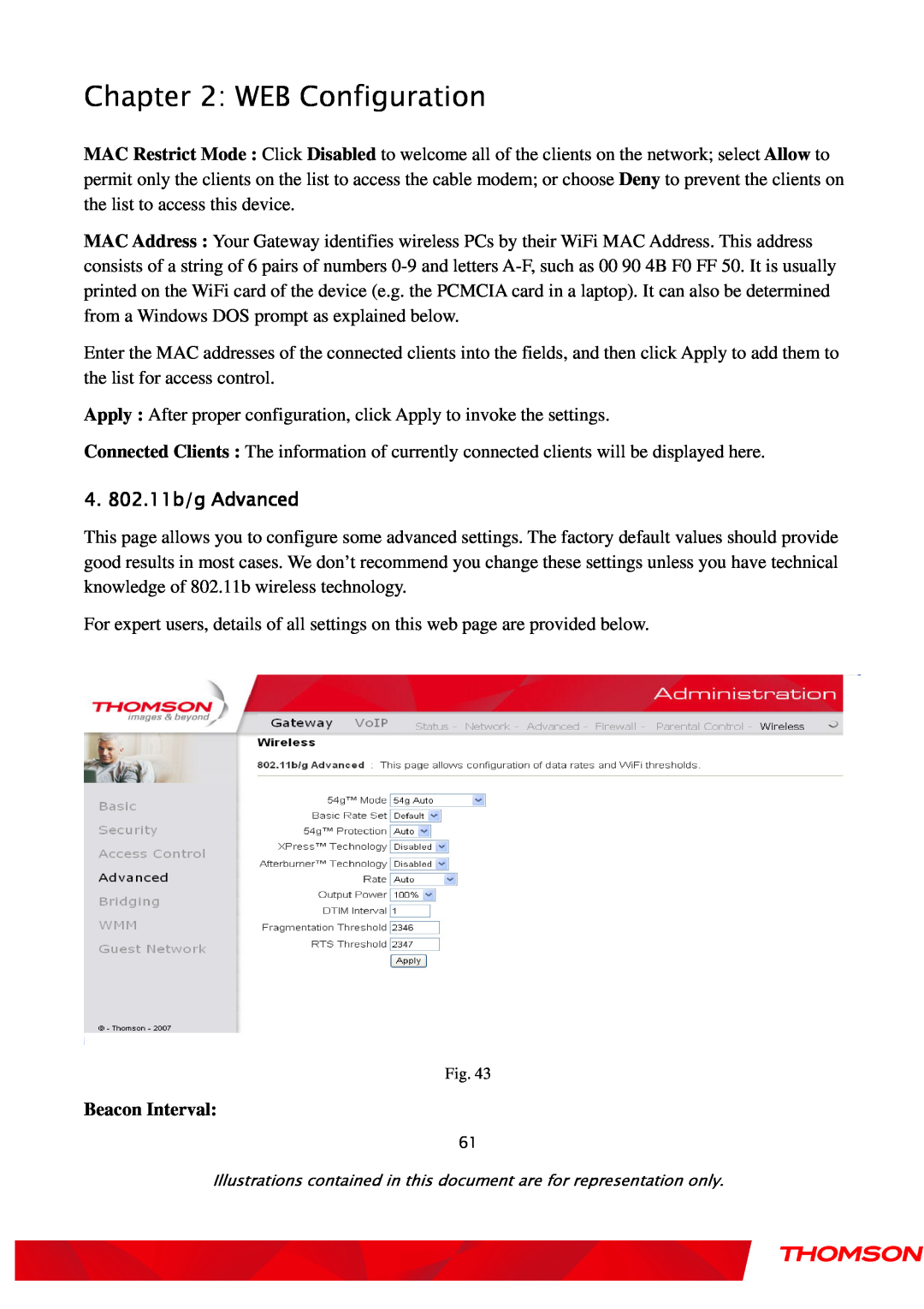 Gateway TWG870 user manual Beacon Interval, WEB Configuration, 4. 802.11b/g Advanced 