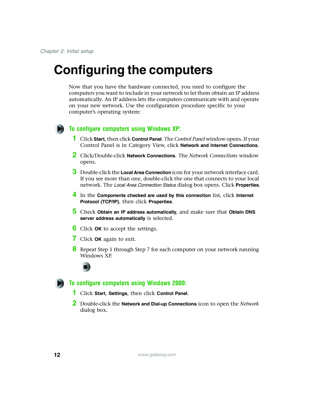 Gateway WBR-100 manual Configuring the computers, To configure computers using Windows XP 