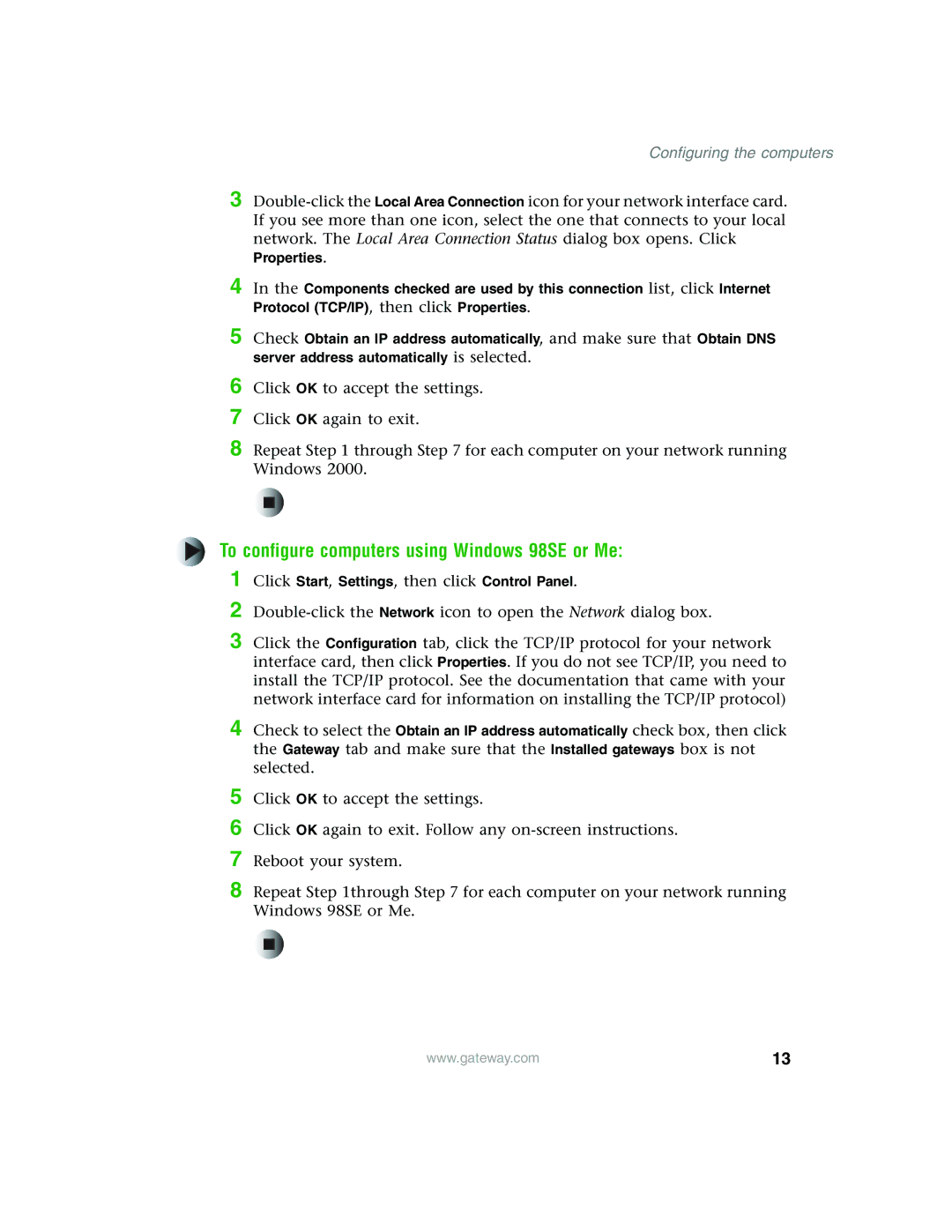 Gateway WBR-100 manual To configure computers using Windows 98SE or Me, Configuring the computers 