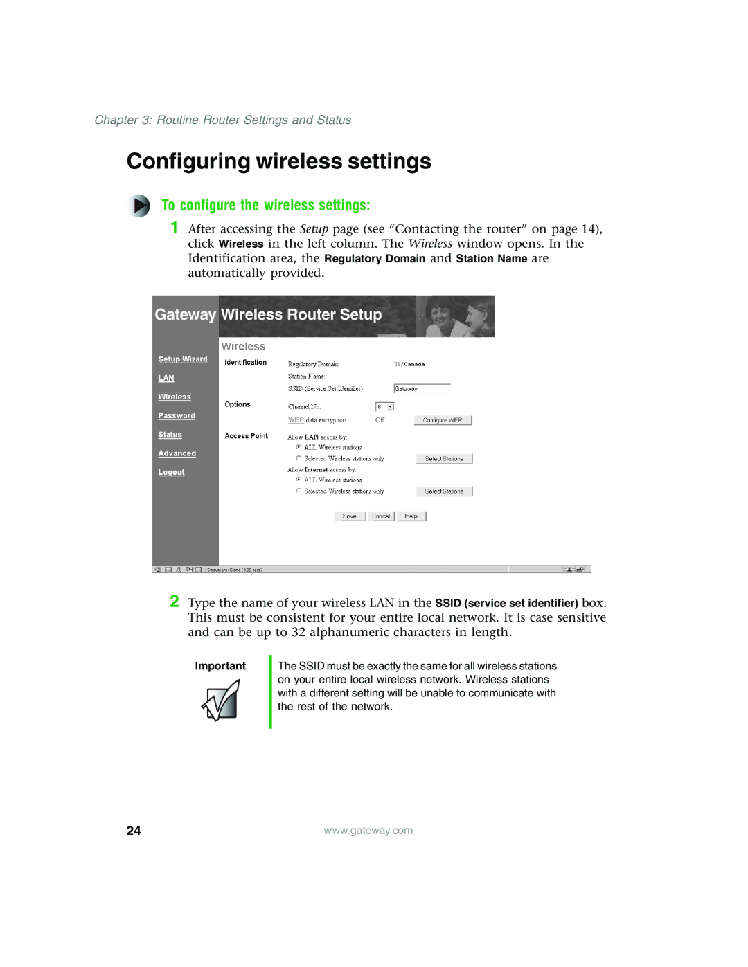 Gateway WBR-100 manual Configuring wireless settings, To configure the wireless settings 