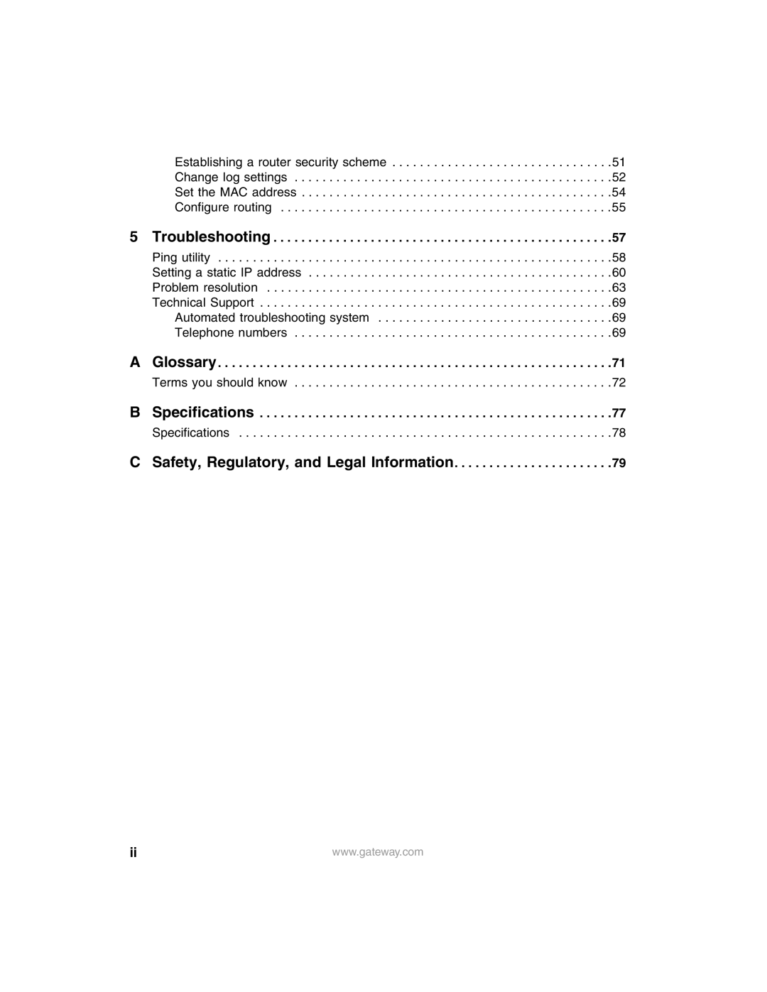 Gateway WBR-100 manual Troubleshooting, Glossary, Specifications, Safety, Regulatory, and Legal Information 