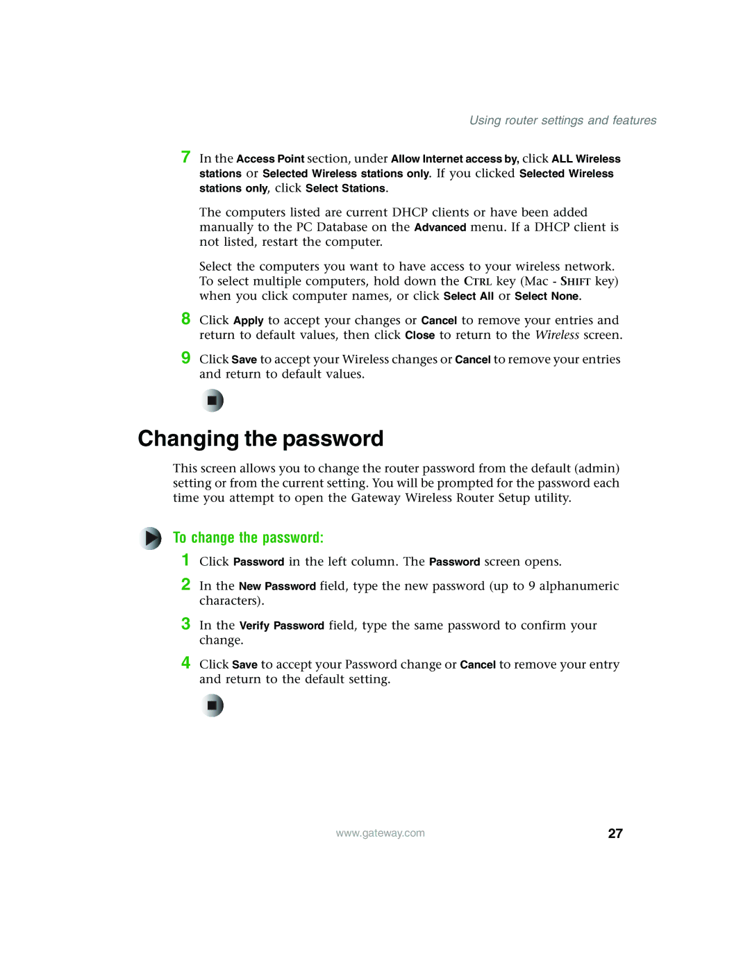 Gateway WBR-100 manual Changing the password, To change the password 