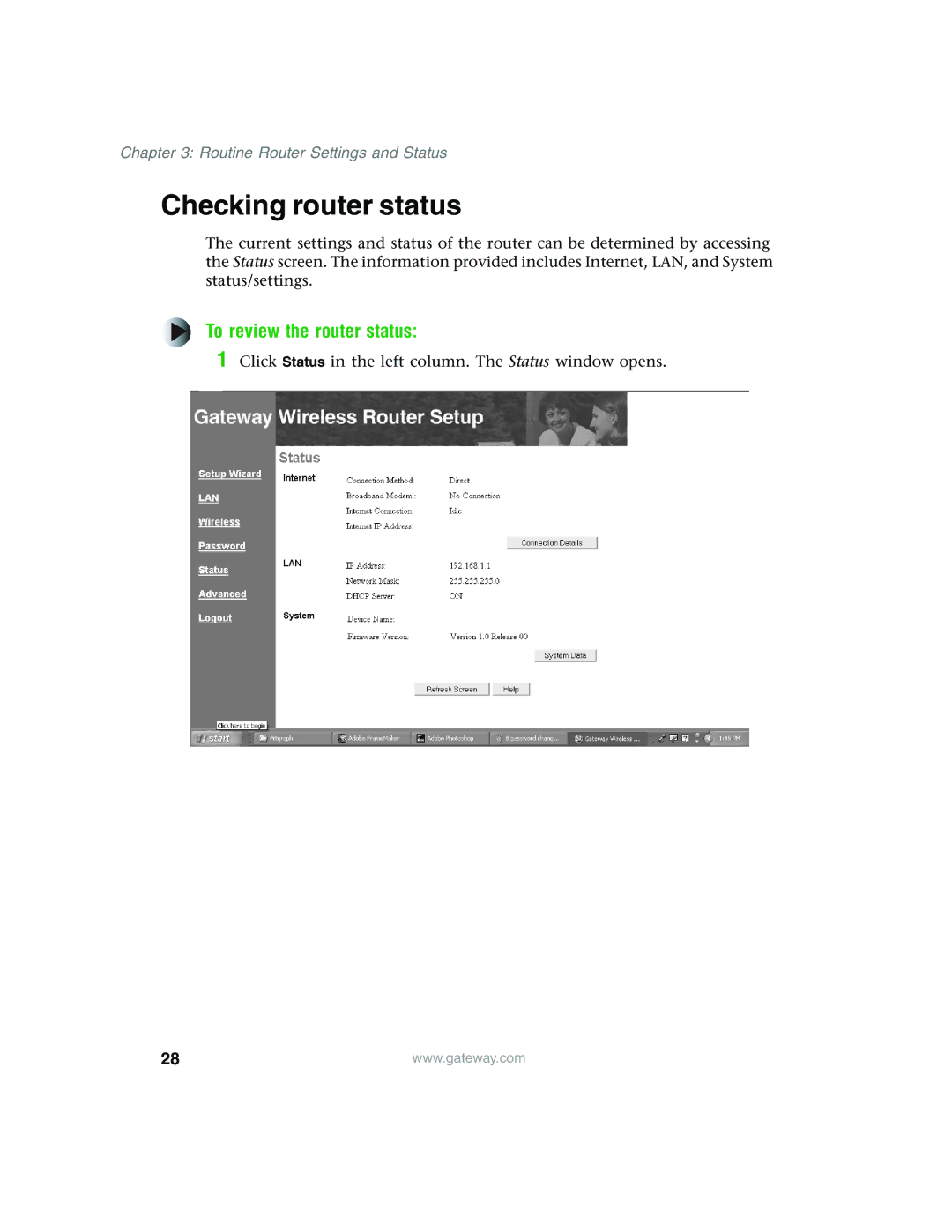 Gateway WBR-100 manual Checking router status, To review the router status 