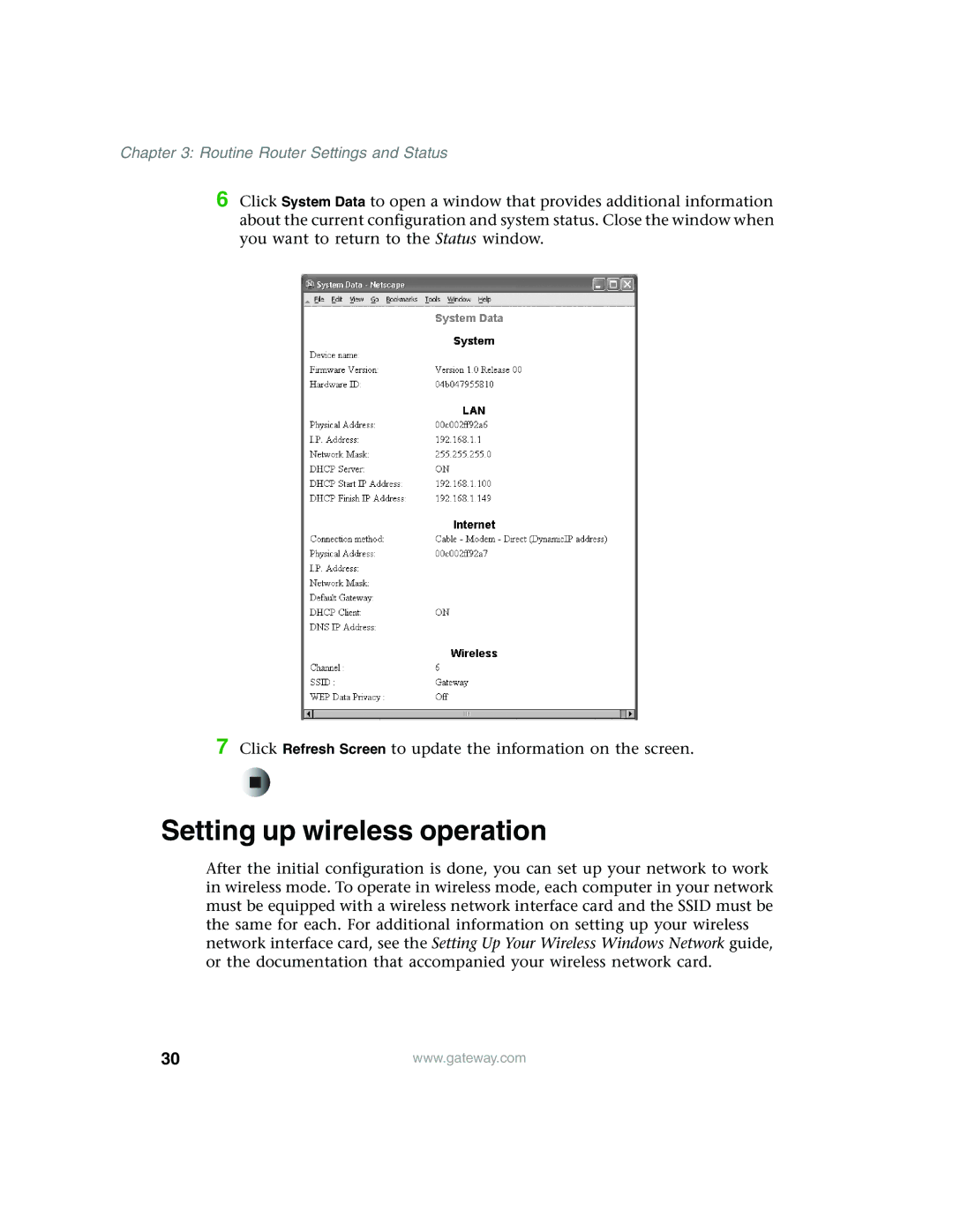 Gateway WBR-100 manual Setting up wireless operation 