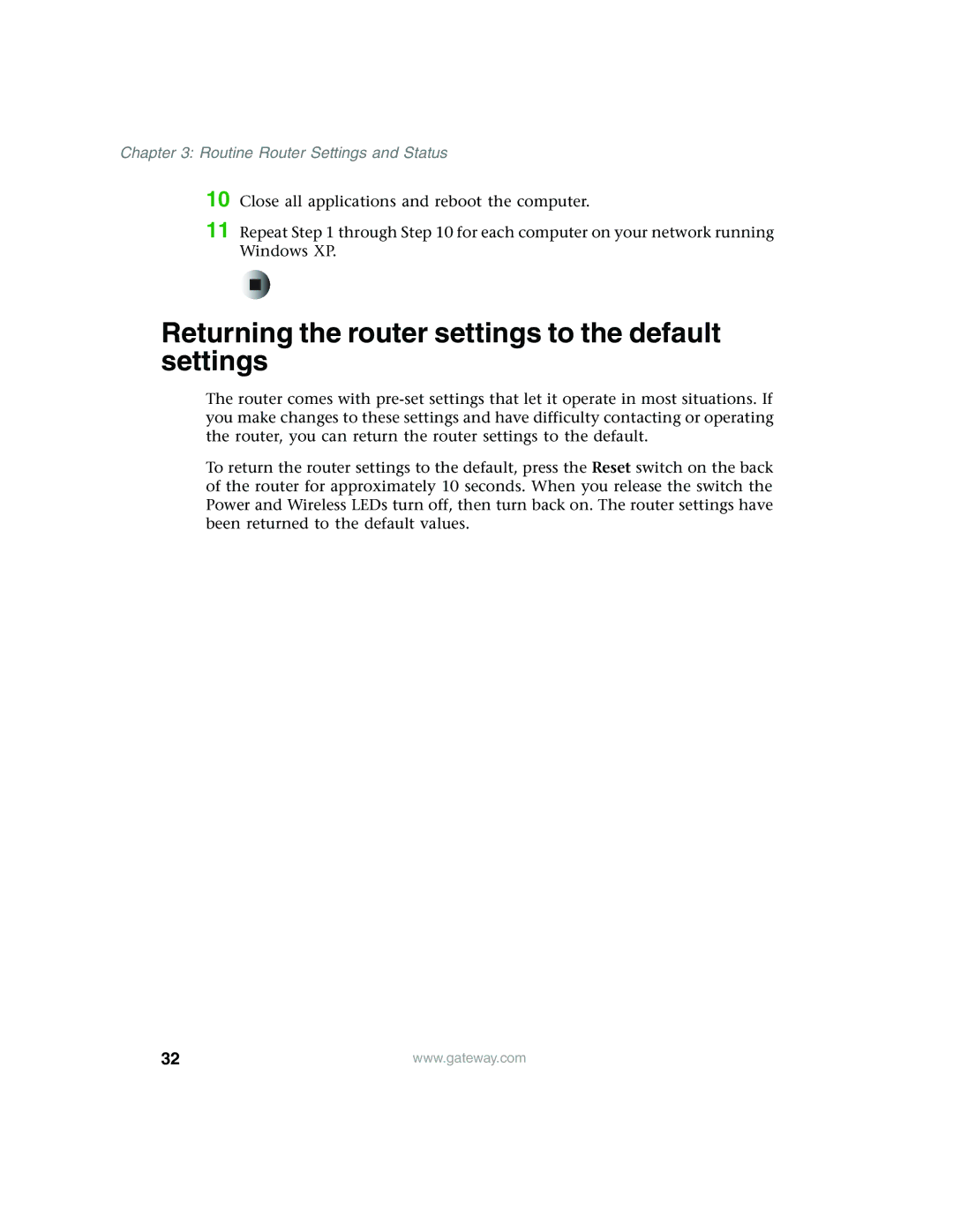 Gateway WBR-100 manual Returning the router settings to the default settings 