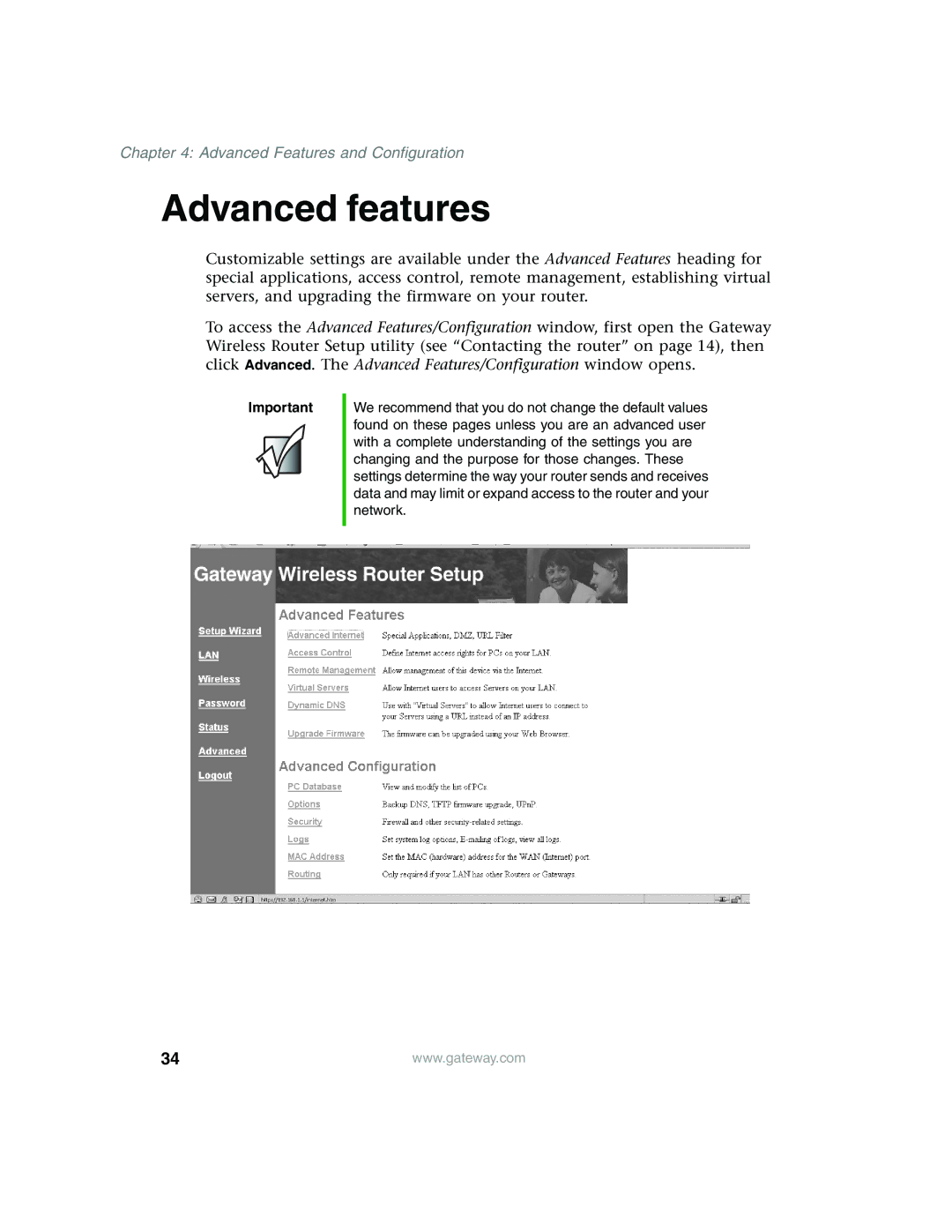 Gateway WBR-100 manual Advanced features 