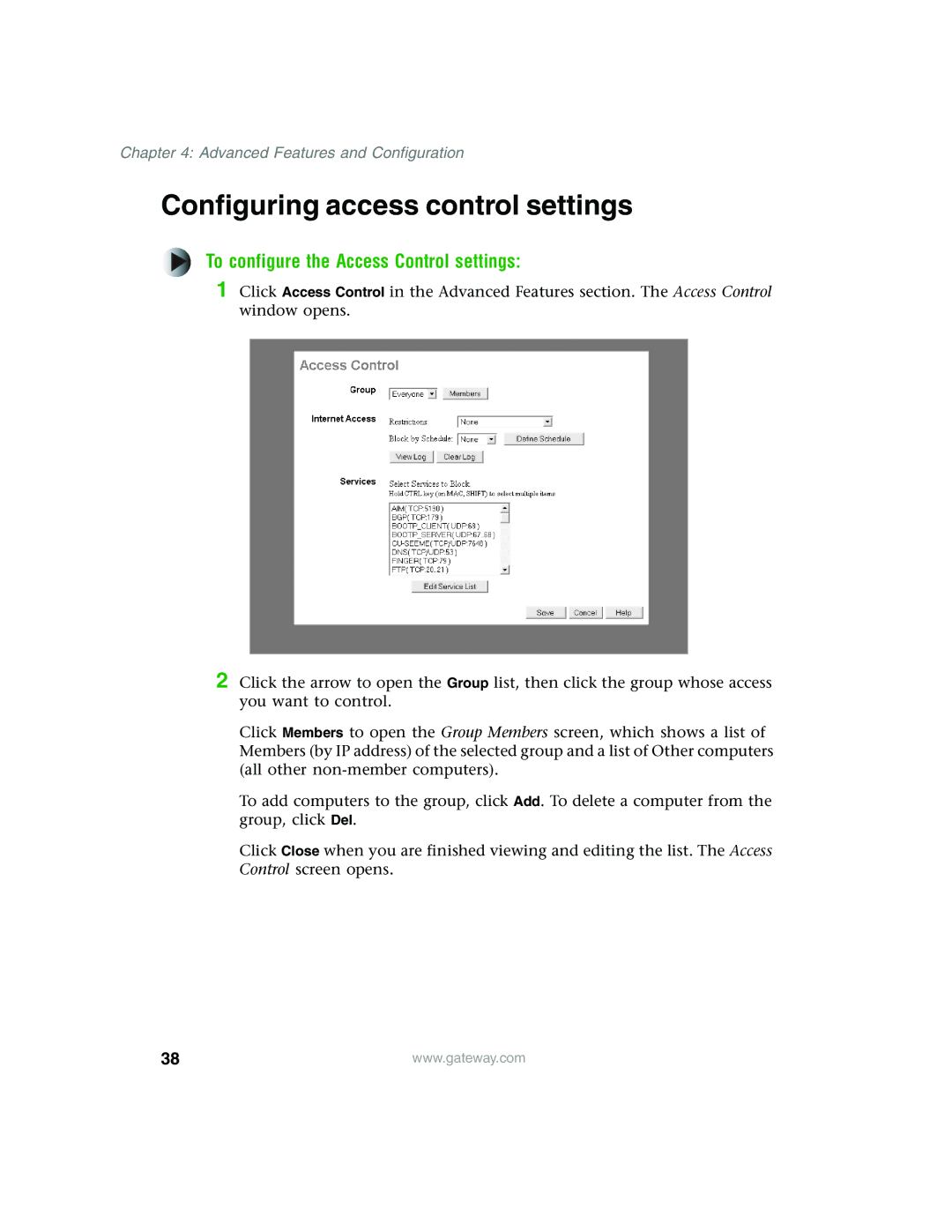 Gateway WBR-100 manual Configuring access control settings, To configure the Access Control settings 