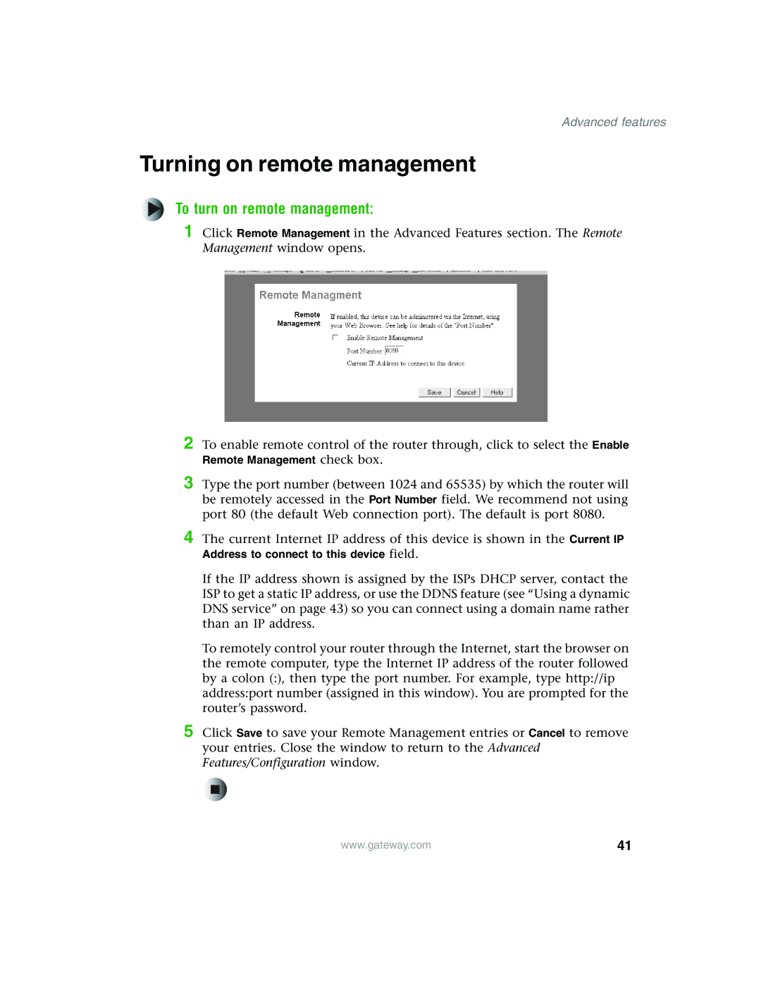 Gateway WBR-100 manual Turning on remote management, To turn on remote management 