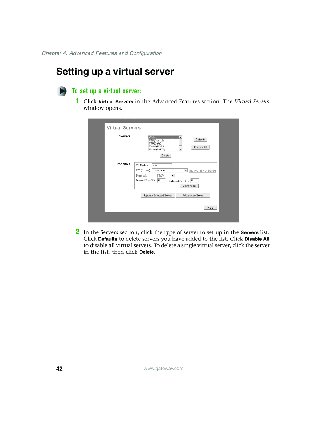 Gateway WBR-100 manual Setting up a virtual server, To set up a virtual server 