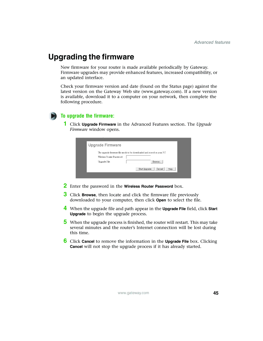 Gateway WBR-100 manual Upgrading the firmware, To upgrade the firmware 