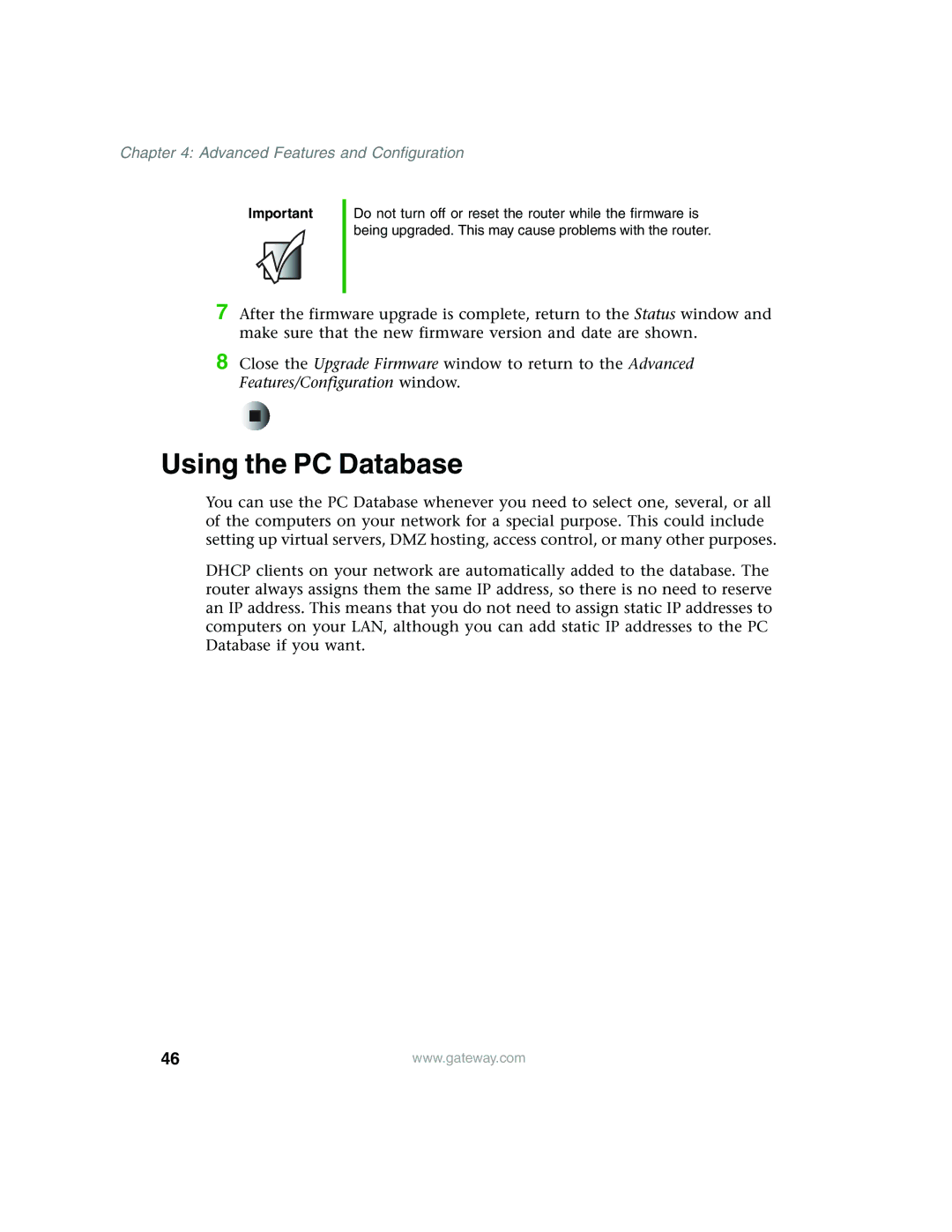 Gateway WBR-100 manual Using the PC Database 