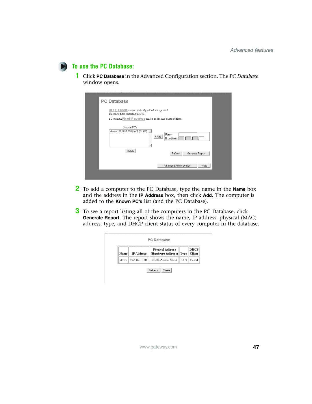 Gateway WBR-100 manual To use the PC Database 