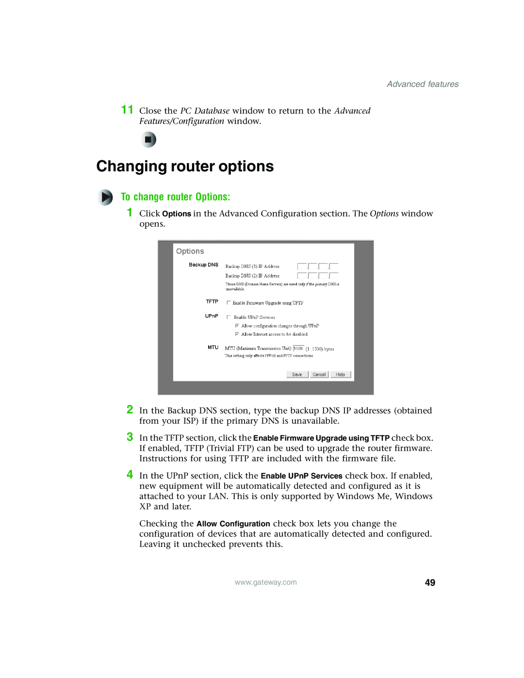 Gateway WBR-100 manual Changing router options, To change router Options 