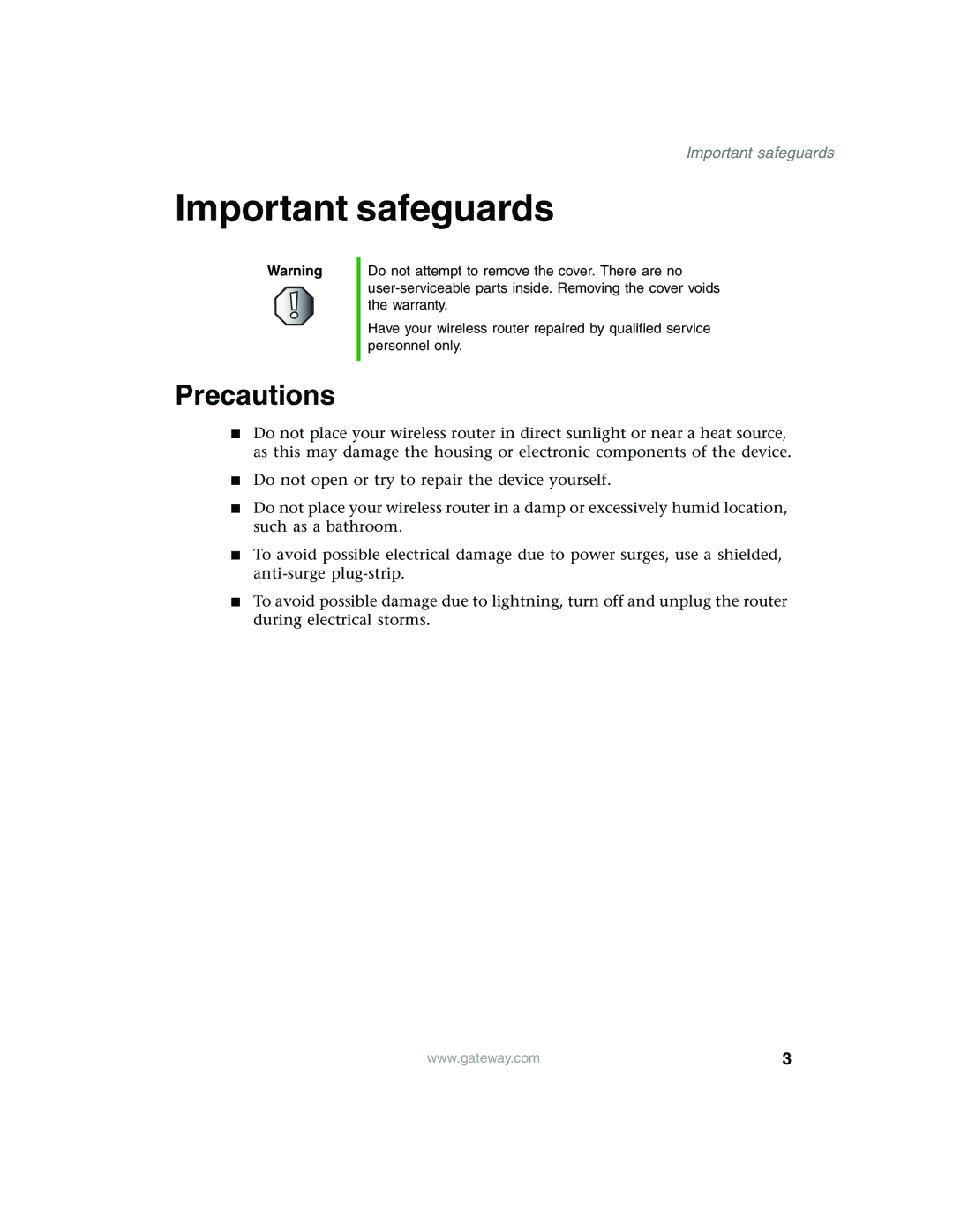 Gateway WBR-100 manual Important safeguards, Precautions 