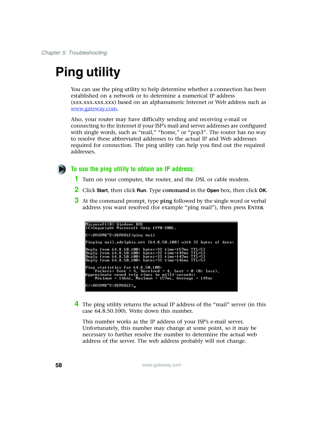 Gateway WBR-100 manual Ping utility, To use the ping utility to obtain an IP address 