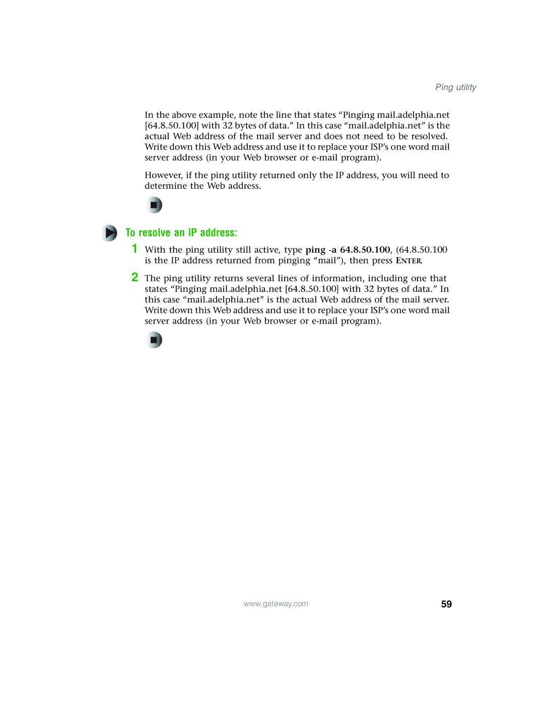 Gateway WBR-100 manual To resolve an IP address, Ping utility 