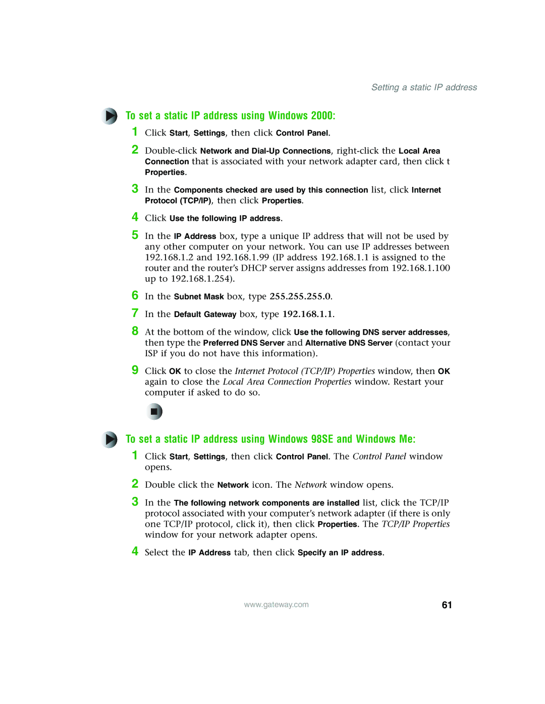 Gateway WBR-100 manual To set a static IP address using Windows 98SE and Windows Me 