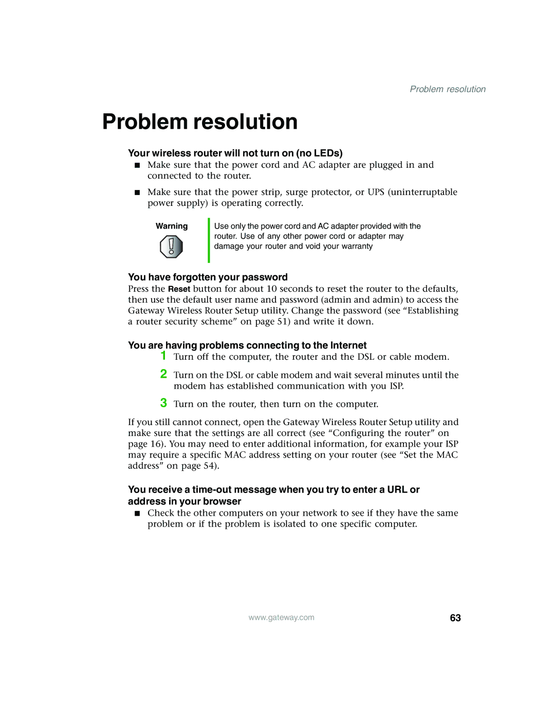 Gateway WBR-100 manual Problem resolution, Your wireless router will not turn on no LEDs 