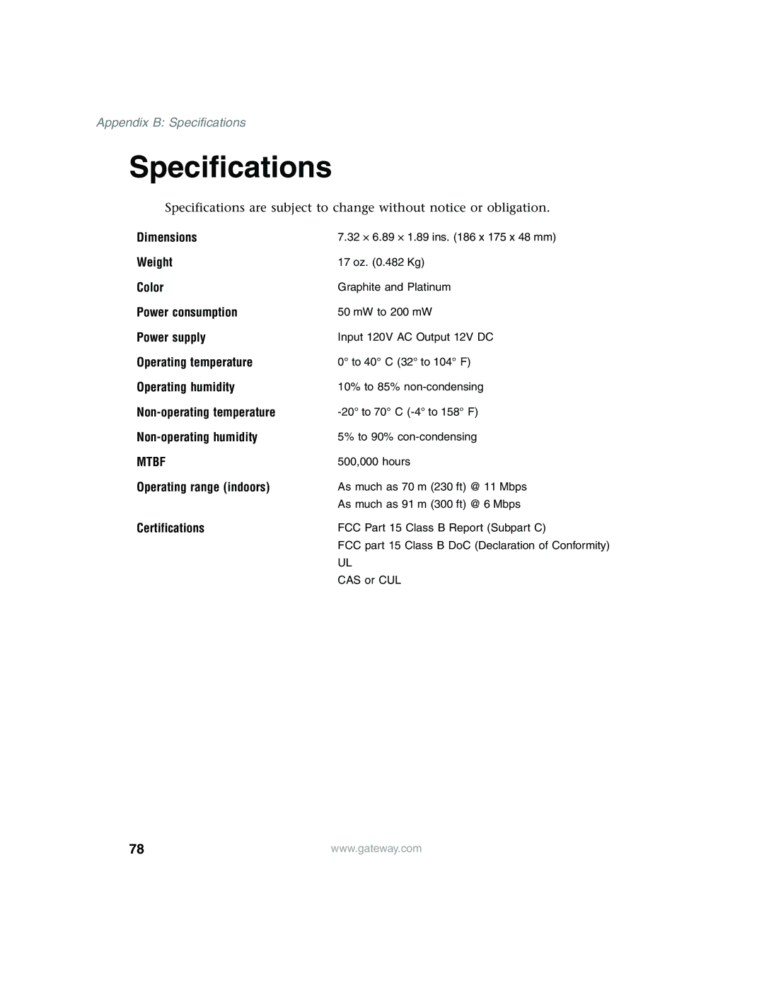 Gateway WBR-100 manual Specifications 