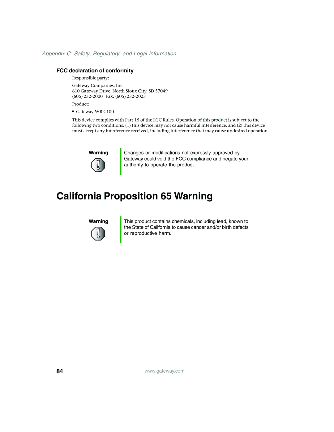 Gateway WBR-100 manual California Proposition 65 Warning, FCC declaration of conformity 