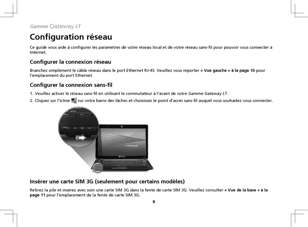 Gateway ZA8 manual Configuration réseau, Configurer la connexion réseau, Configurer la connexion sans-fil 