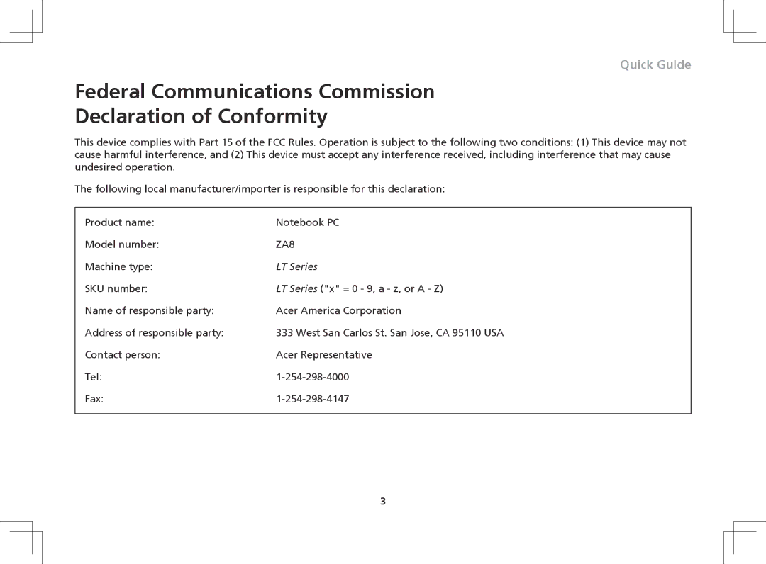 Gateway ZA8 manual Federal Communications Commission Declaration of Conformity, LT Series 